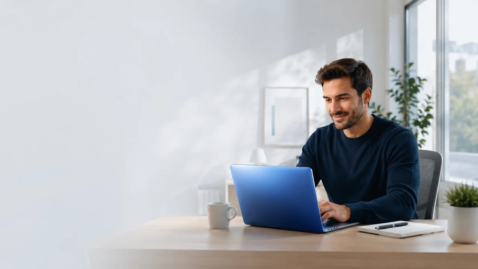 Professionnel utilisant AntiMatter AV sur un ordinateur portable Windows dans un espace de travail moderne